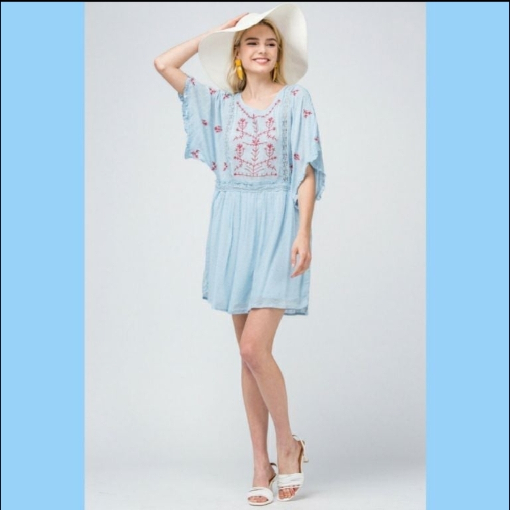 Light Blue Embroidered Dress with Floral Design Entro